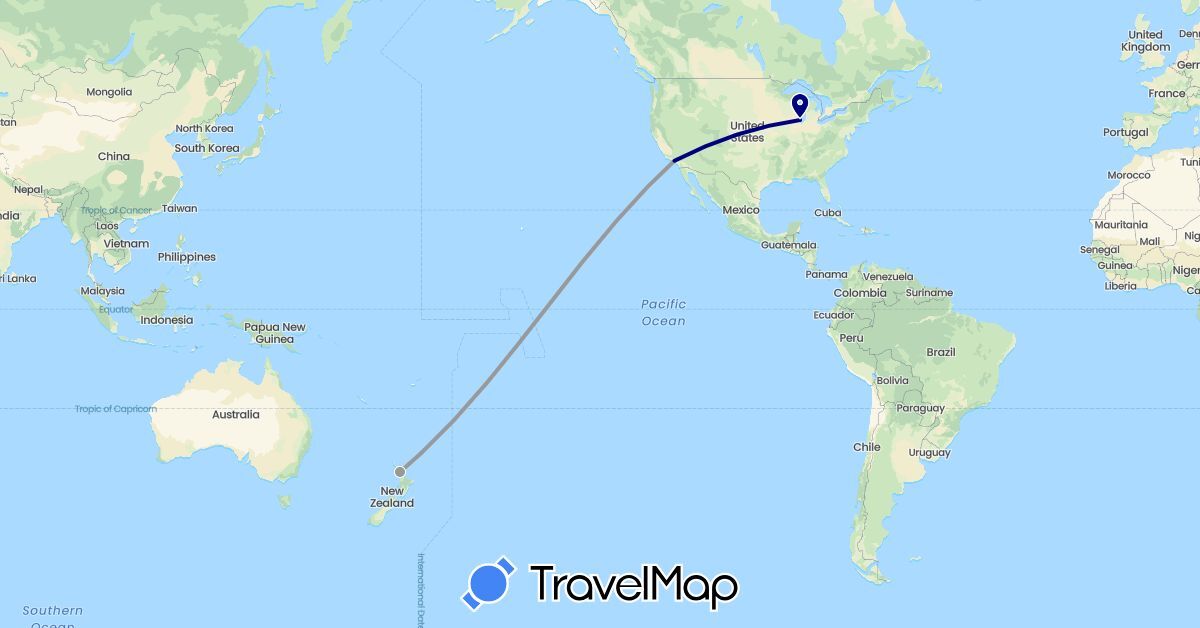TravelMap itinerary: driving, plane in New Zealand, United States (North America, Oceania)